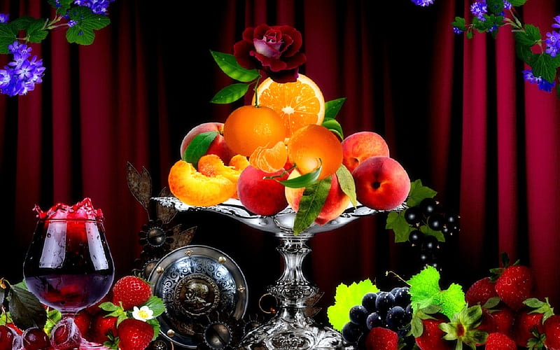 Lovely Still Life, orange, wine, fruits, love four seasons, vase, grapes, graphy, berries, apricot, flowers, HD wallpaper