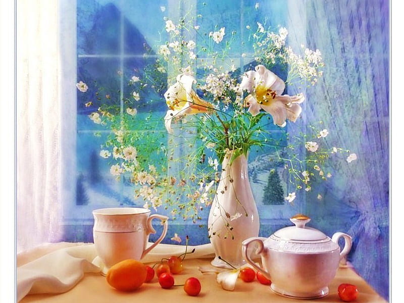 Lilies Day, window, decoration, sugar, lilies, bonito, leafs, coffee, apricot, cherrys, morning, white, HD wallpaper