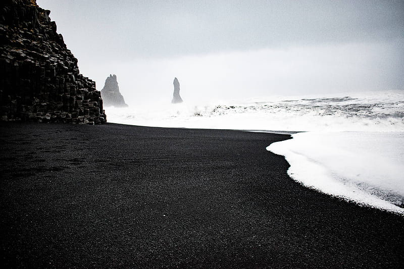 Reynisfjara Iceland , iceland, nature, monochrome, black-and-white, HD wallpaper
