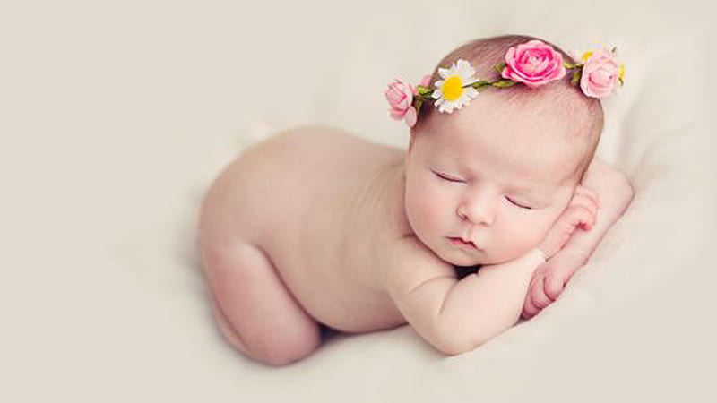 Beautiful Cute Baby Child With Colorful Flowers Headband Is Sleeping On White Cloth Cute, HD wallpaper