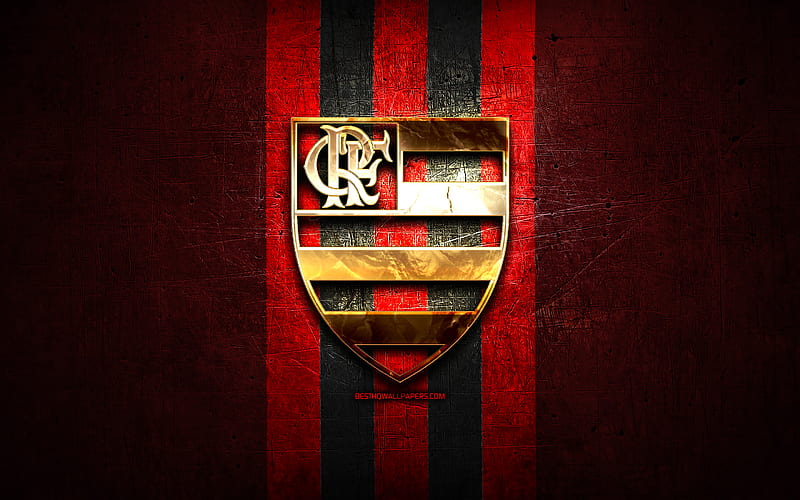 Flamengo FC, golden logo, Serie A, red metal background, football, CR Flamengo, brazilian football club, Flamengo FC logo, soccer, Brazil, HD wallpaper