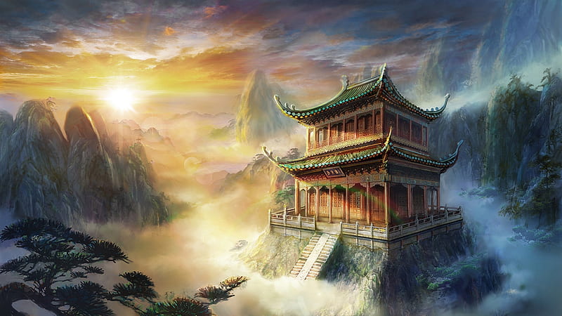 Chinese castle, art, huili, fantasy, luminos, chinese, sunset, hui li, castle, HD wallpaper