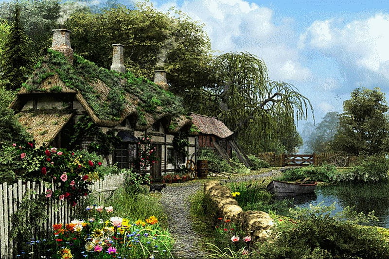 English Cottage, house, boat, pah, painting, flowers, blossoms, garden, river, HD wallpaper
