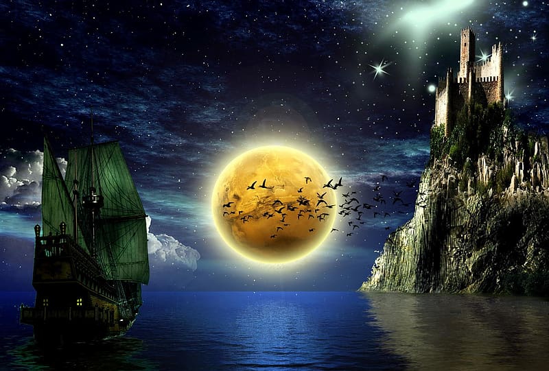 Fantasy, Stars, Night, Moon, Castles, Dark, Ship, Sailing, Castle, HD wallpaper