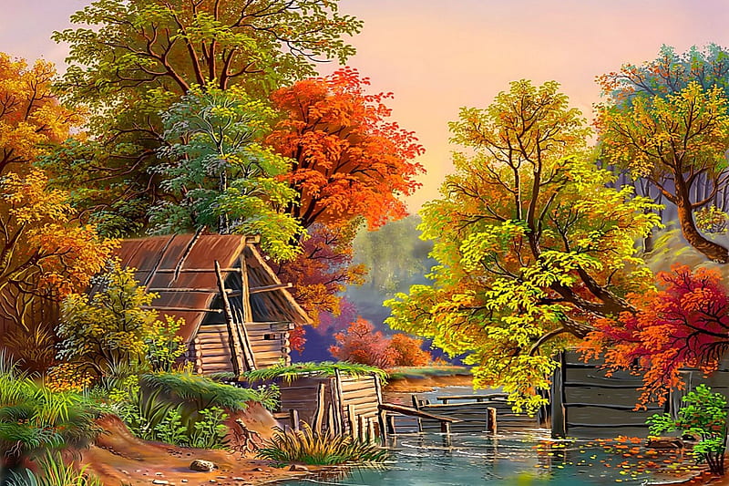Autumn Village, autumn, house, splendor, painting, village, landscape ...