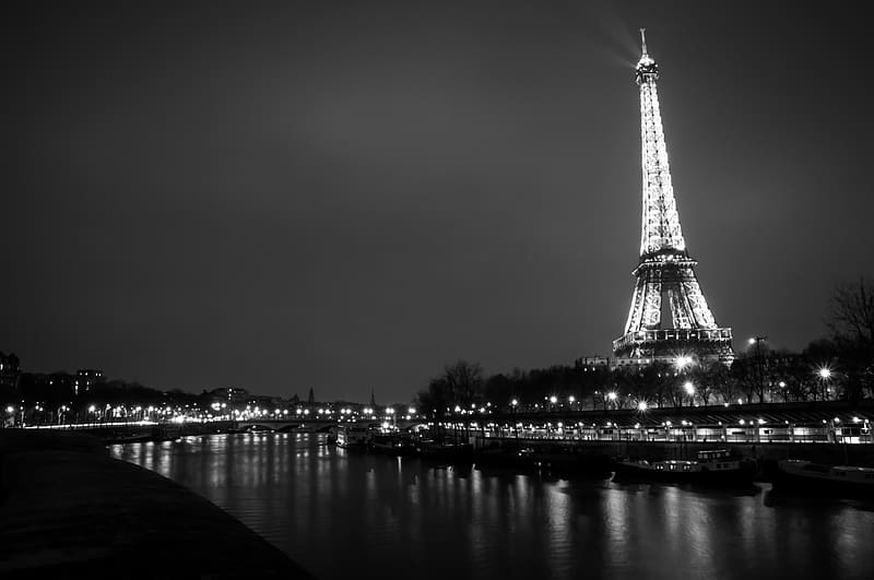 Cities, Night, Paris, Eiffel Tower, Light, France, River, , Black & White, HD wallpaper