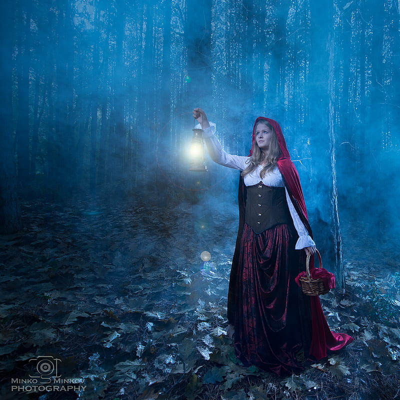 Minko Minkov, forest, lantern, women, looking away, Little Red Riding Hood, HD phone wallpaper