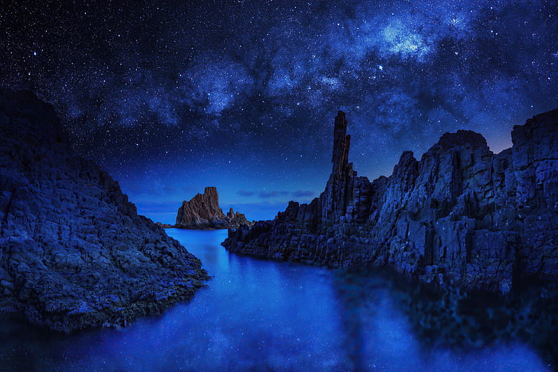 Ocean Rocks On Starry Night , evening, rocks, stars, nature, blue, sea, HD wallpaper