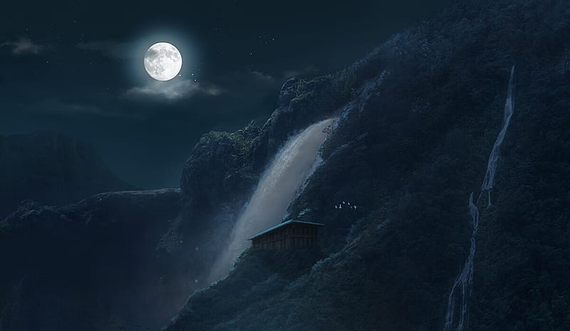 Moonlight, dark, waterfall, flo tucci, night, art, moon, hous, silhouette, mountain, moon, fantasy, asian, HD wallpaper