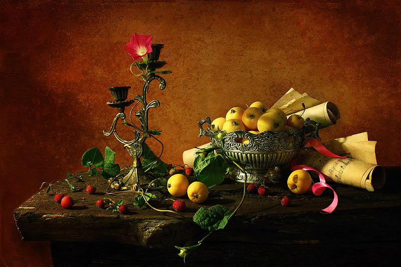 still life, pretty, notes, bar, bonito, old, fruit, candlestick, graphy, nice, strawberries, beauty, musical notes, harmony, apple, lovely, romantic, romance, music, delicate, elegantly, cool, flower, HD wallpaper