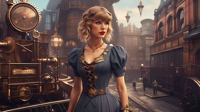 Taylor Swift in Belle Epoque clothes in a Steampunk world, city, buildings, artwork, woman, digital, HD wallpaper