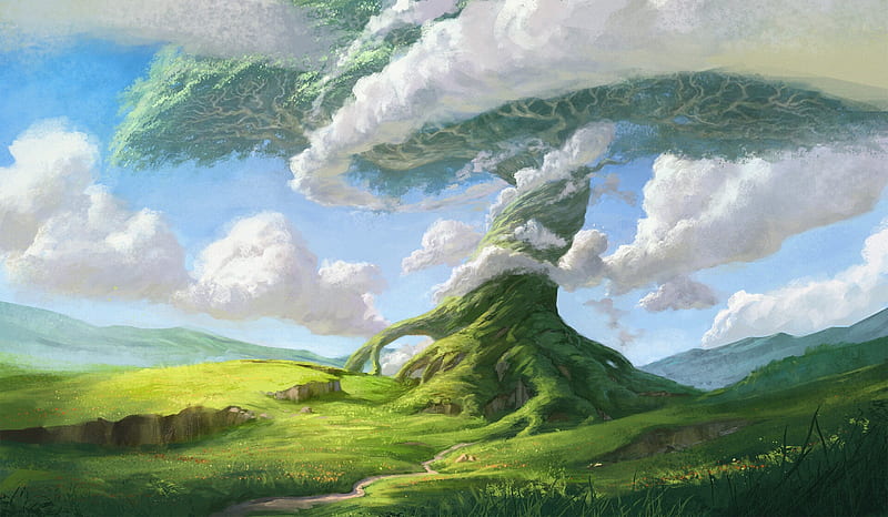 Head in the clouds, fantasy, iana venge, tree, cloud, luminos, green, white, art, copac, pom, HD wallpaper