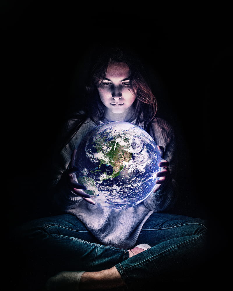 Earth in hands, Earth, Gabriel, amoled, black, blue, dark, environment, girl, green, hands, holding, planet, save, woman, young, HD phone wallpaper