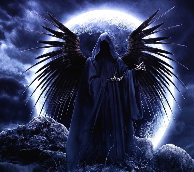 Dark Angel, death, moon, skull, HD wallpaper