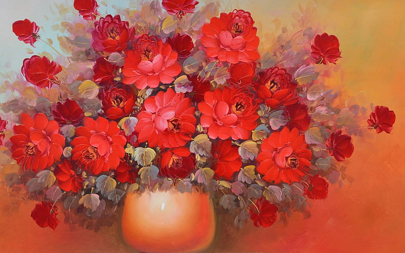 Lovely Red Flowers, red, paintings, red flowers, flowers, vase, HD wallpaper