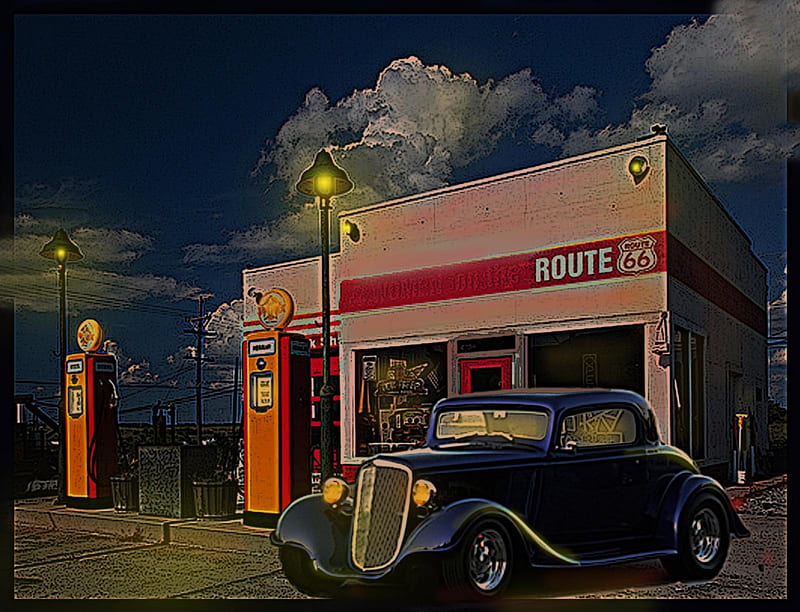 Route 66, fantasy, hot rod, service station, HD wallpaper