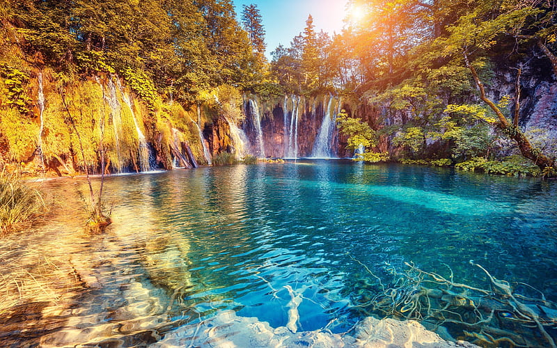 Croatia, Plitvice Lakes National Park waterfalls, oasis, forest, Europe, HD wallpaper
