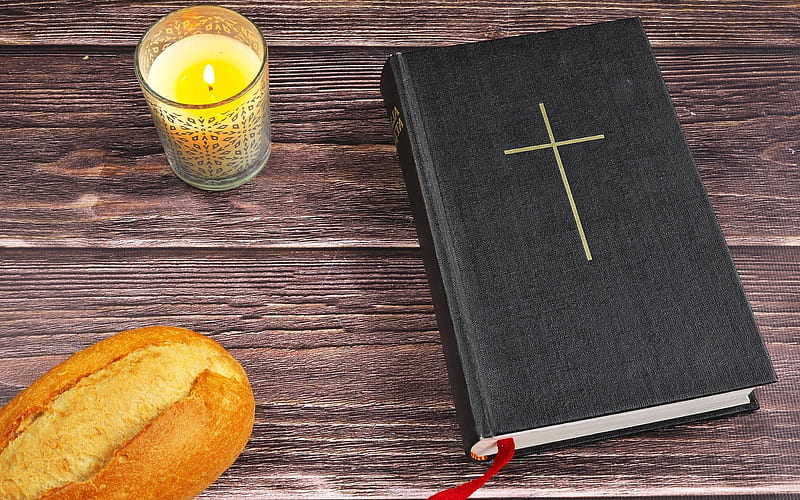 Bible, bread, candle, cross, wooden, HD wallpaper