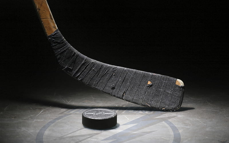Hockey stick, ice, puck, electrical tape, HD wallpaper