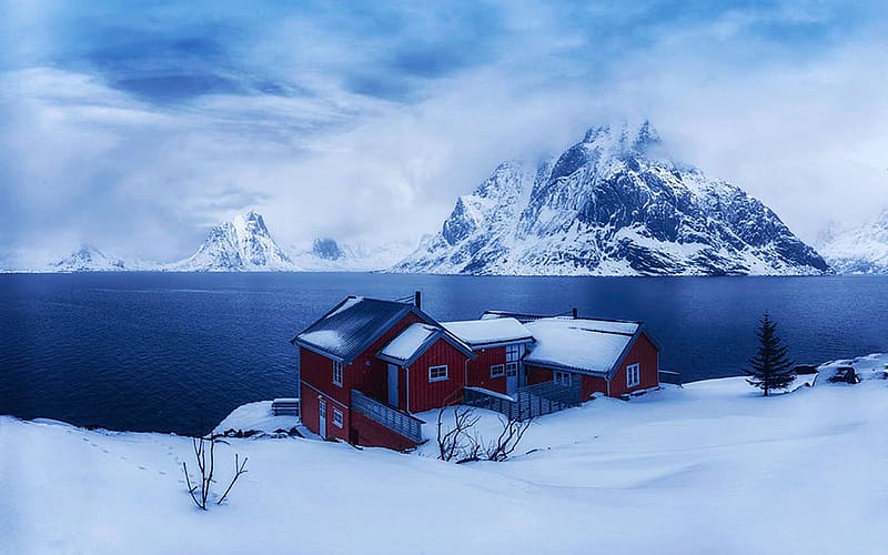 Winter Fairyland, Lofoten, Norway, snow, clouds, sky, islands, mountains, houses, ice, HD wallpaper