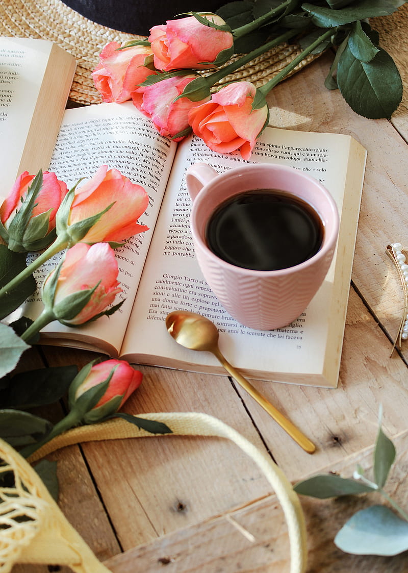 cup, book, flowers, roses, tea, HD phone wallpaper