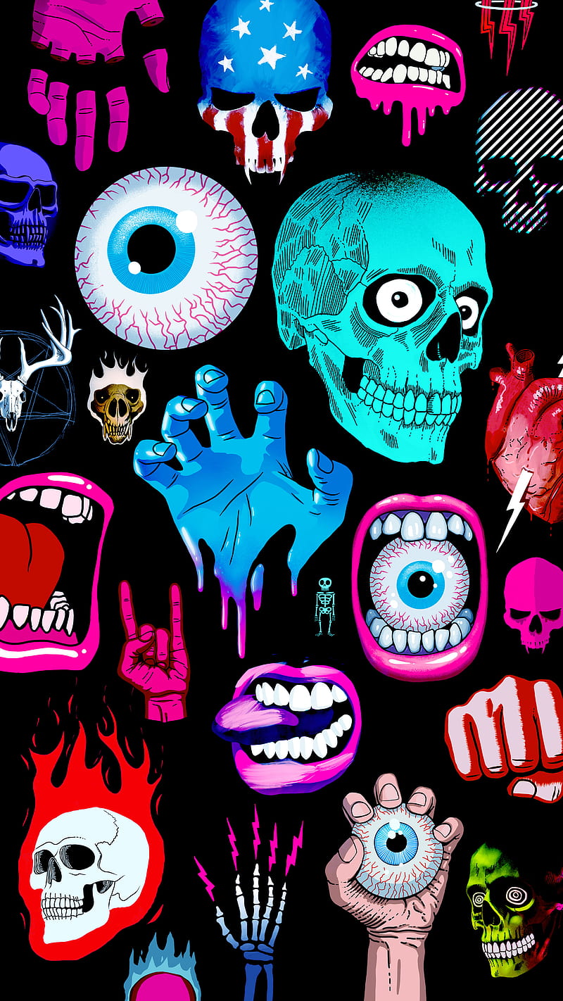 Bad Things Colorama, Bad, My, america, art, badass, bones, colorful, colors, dead, drawing, eye, fangs, fire, grin, hand, illustration, occult, skeleton, skull, stickers, teeth, vibrant, weird, HD phone wallpaper