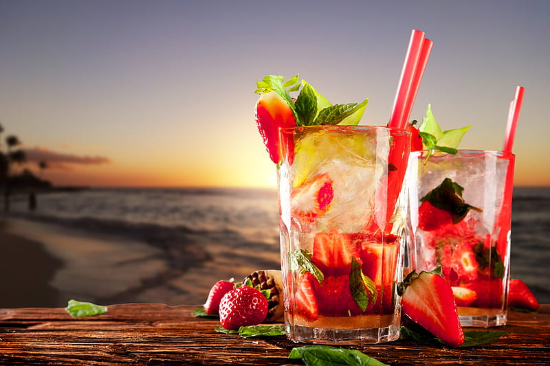 Cocktail, Red, Horizon, Colorful, Sunny, Tropica, Sunset, HD wallpaper
