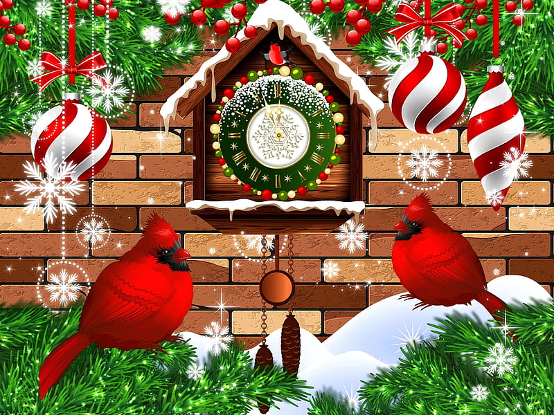 Cardinal Couple, Couple, Merry Christmas, Cardinal, Cuckoo Clock, Birds, HD wallpaper
