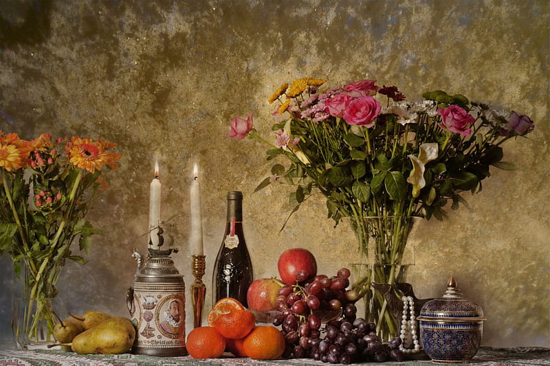 still life 1, bottle, fruits, candles, still life, vases, texture, beer cup, flowers, classic, HD wallpaper