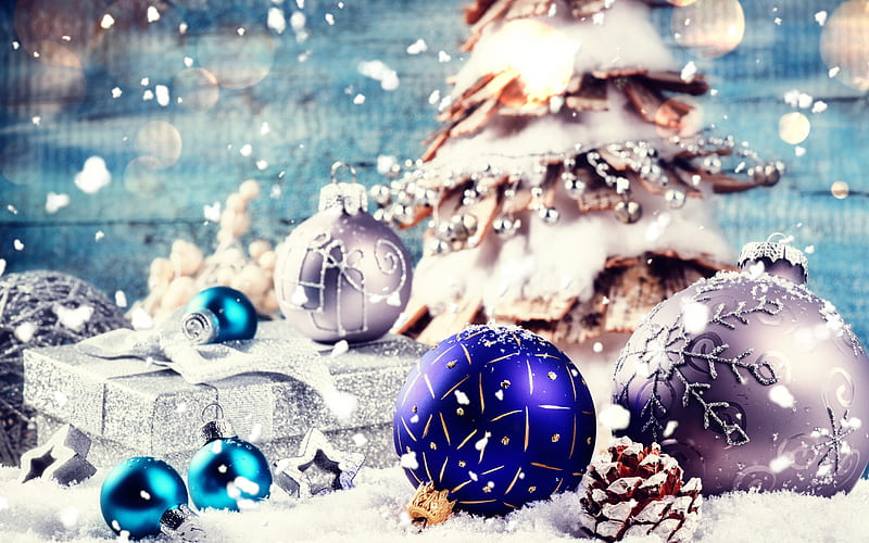 Christmas, decoration, blue christmas balls, snow, Merry Christmas, Xmas, HD wallpaper