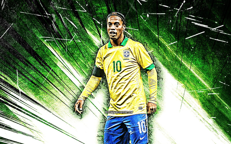 Ronaldinho, grunge art, Brazil National Team, soccer, footballers, green abstract rays, football legends, Brazilian football team, Ronaldinho, HD wallpaper