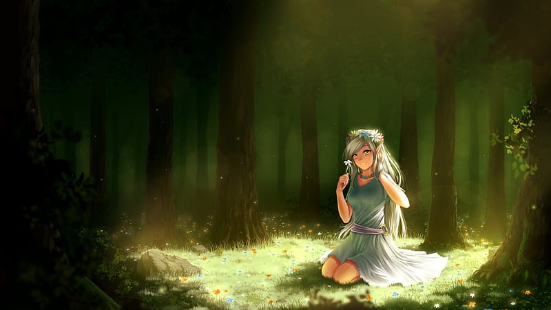 anime elf girl, choker, forest, smiling, green eyes, headband, Anime, HD wallpaper