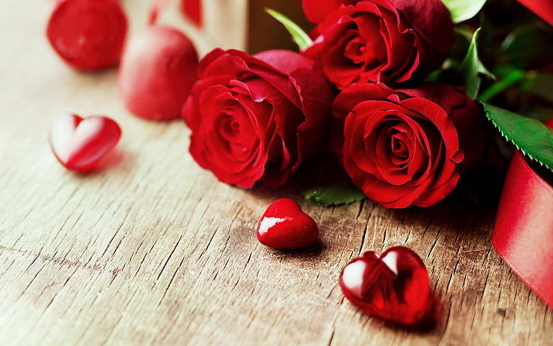 Valentines Day, red roses, bouquet, chocolates, red hearts, silk ribbon, love concepts, HD wallpaper