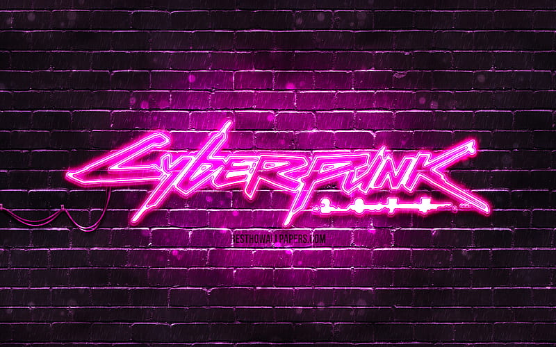 Cyberpunk 2077 purple logo purple brickwall, artwork, Cyberpunk 2077 logo, RPG, Cyberpunk 2077 neon logo, Cyberpunk 2077, HD wallpaper