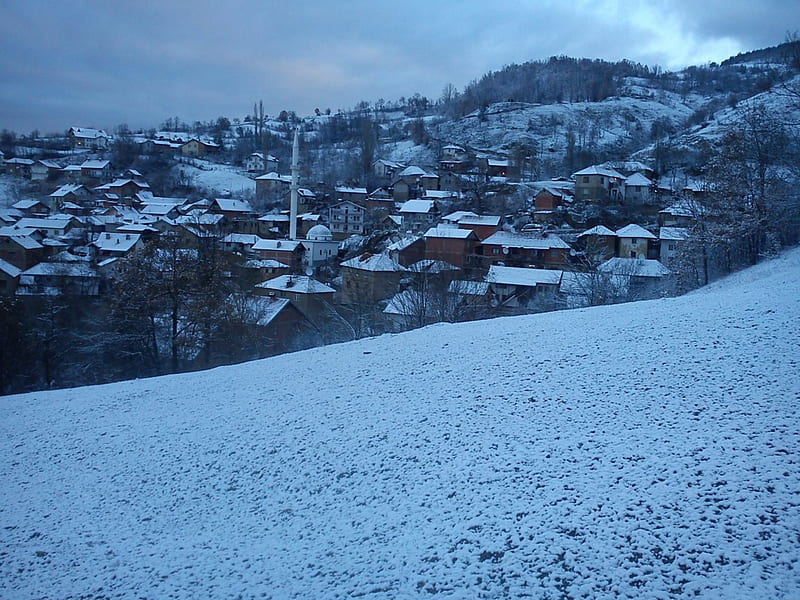 Village in the snow, srbija, kosovo, snow, serbia, vilage, HD wallpaper