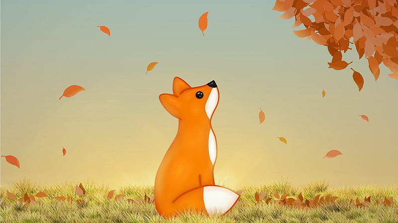 Watching Leaves Fall, fall, leaves, tree, autumn, grass, Firefox, fox, wild, HD wallpaper