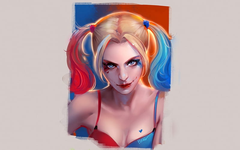 Harley Quinn, art, fantasy, girl, orange, game, blue, HD wallpaper