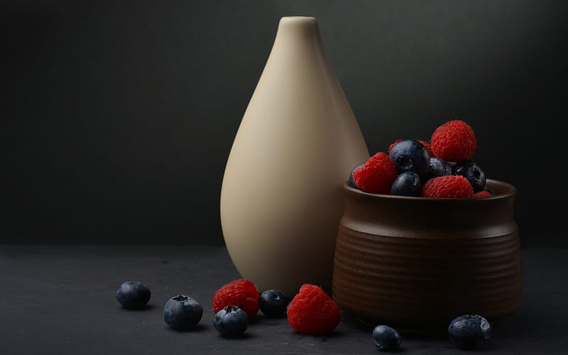 ️, Raspberries, Blueberries, Bowl, Berries, Vase, HD wallpaper