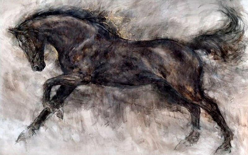 Romping Black - Horse F2, art, canter, equine, black, horse, artwork, animal, painting, wide screen, romp, gallop, HD wallpaper