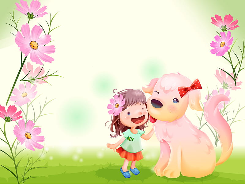 Best friends, gilr, colorful, colors, cartoon, animal, draw, kid, doggy,  friends, HD wallpaper | Peakpx