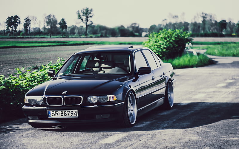 BMW 7-series, road, 740iA, stance, E38, tuning, black e38, BMW, HD wallpaper