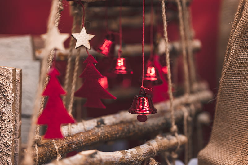 red and silver bell hanging on brown tree branch, HD wallpaper