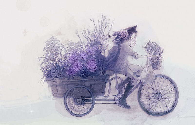 :), purple, girl, bycicle, anime, flower, manga, bike, pink, HD wallpaper