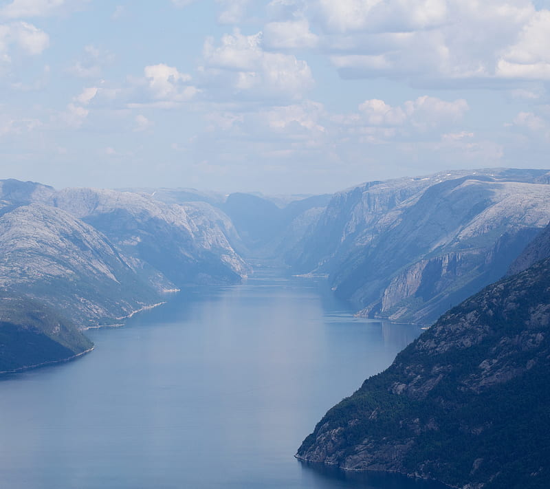 The Fjord, beauty, blue, clean, clouds lysefjorden, nature, norway, pulpit rock, scandinavia, scenery, sea, sky, HD wallpaper