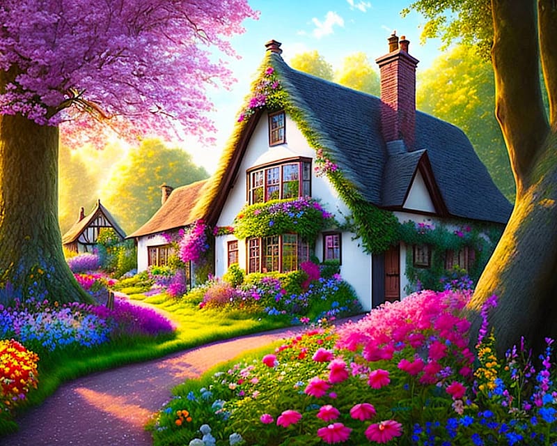Pretty cottage, digital, art, path, garden, villae, cottage, front, AI, pretty, HD wallpaper