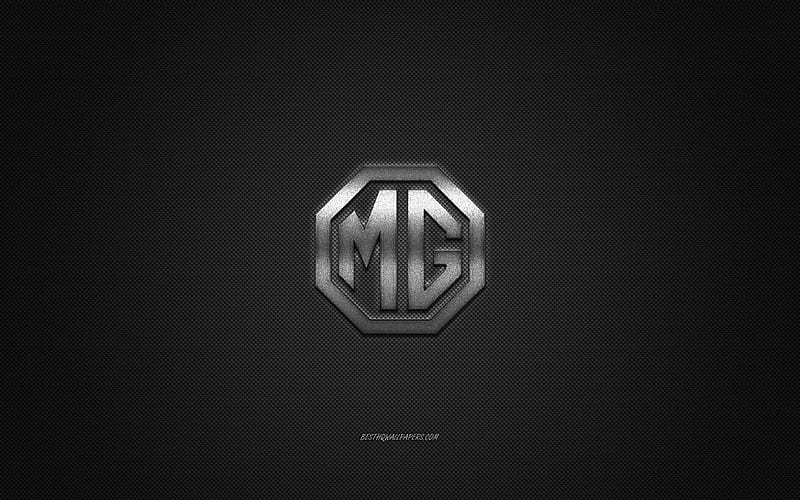 MG logo, silver logo, gray carbon fiber background, MG metal emblem, MG, cars brands, creative art, HD wallpaper