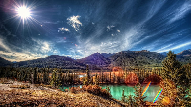 sun rays over amazing natural landscape r, forest, sun, rays, mountains, r, lake, HD wallpaper