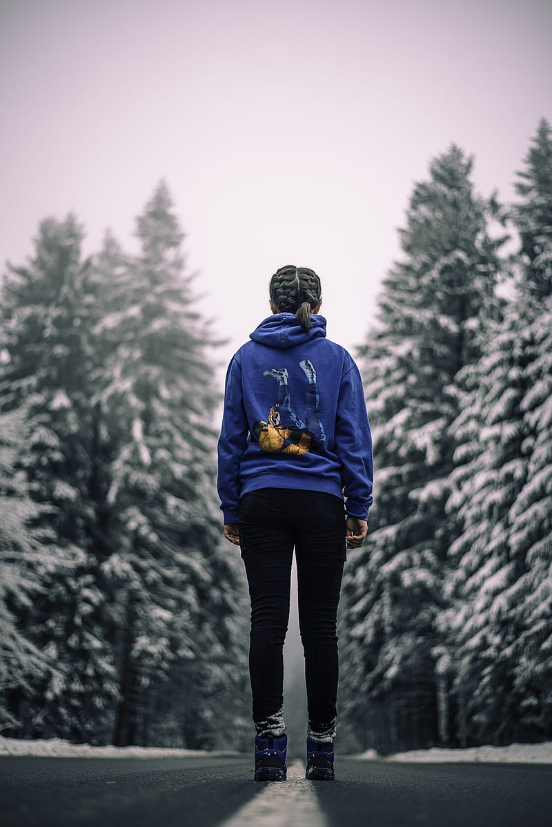 Go straight, colors, forrest, girl, hoodie, legend, nature, road, snow, snowy, winter, HD phone wallpaper