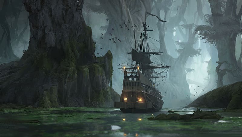 Fantasy, Swamp, Ship, HD wallpaper