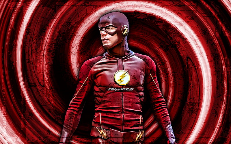 The Flash, red grunge background, superheroes, Marvel Comics, vortex, The Flash , Flash, HD wallpaper